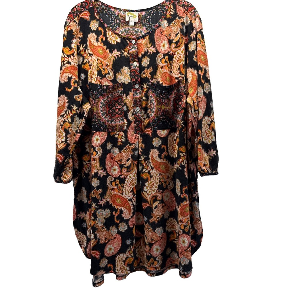 Fig and Flower Women's Tunic Top Size 2X Popover Paisley Black Orange 3/4 Sleeve